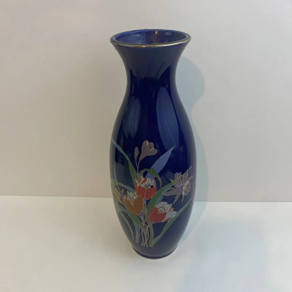 Vintage Japanese Porcelain Cobalt Blue Gold tone Flowers 10-3/4